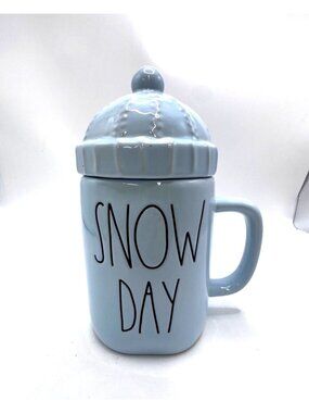 Rae Dunn Snow Day Mug  Lid Blue Ceramic Artisan Collection  Magenta 16 Oz Winter
